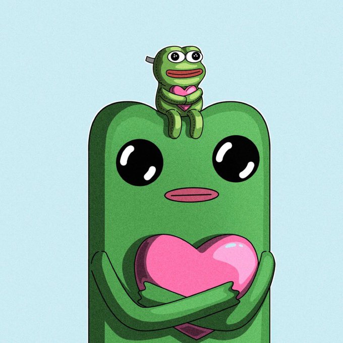 A digital illustration of a large, cute green character holding a pink heart, with a smaller green frog-like character sitting on its head.