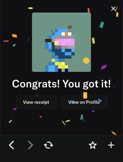 A celebratory NFT purchase screen displays "Congrats! You got it!" above "View receipt" and "View on Profile" buttons, featuring a pixelated blue character with a pink visor on a teal background amid falling confetti. The image directly illustrates the post's moment of treating oneself to a new NFT, showing the successful acquisition confirmation of a digital collectible.