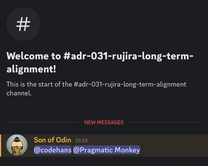 A dark Discord channel welcome screen for '#adr-031-rujira-long-term-alignment' shows a recent message from 'Son of Odin' tagging '@codehans' and '@Pragmatic Monkey'.