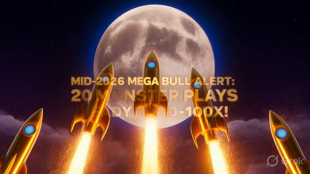 The image features a group of five gold-colored rockets flying through space, each one emitting a bright orange flame as they soar above a full moon. The rocket closest to the viewer appears larger than the others due to its proximity. Below this scene, there is text that reads "MID-2026 MEGA BULL ALERT: 20 MONSTER PLAYS READY TO 10-100X! Here’s my ULTIMATE TOP !!! $SOL (Solana) - 8-35x $SUI - 12-50x $TAO (Bittensor) - 15-80x $RIVER - 20-100x (Stealth beast with insane utility & momentum!) @RiverdotInc @River4fun".