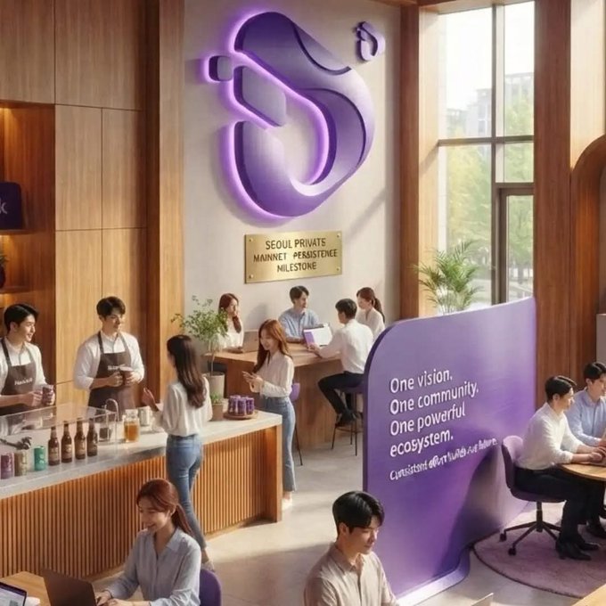 A modern, purple-themed café/lounge features a glowing "S" logo on the wall and a sign reading "SEOUL PRIVATE MAINNET PERSISTENCE MILESTONE," while attendees gather at counters and tables alongside a panel displaying "One vision, One community, One powerful ecosystem," visually tying the InterLink (ITL/ITLG) #WeAreTheFirst10MLinkers celebration of their 10M milestone to community meetups and ecosystem gatherings.