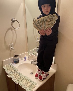 A child stands on a bathroom sink holding a fan of dollar bills, with more cash spread across the counter—humorously framing them as a "stealer of your content" cashing in on stolen intellectual property.