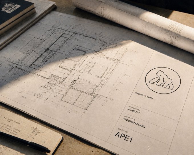 Architectural blueprints and construction documents laid out on a desk, including sheets labeled "APECHAN PLANS" and "APE1" with a gorilla project symbol.