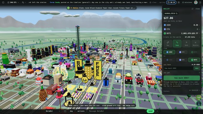 A screenshot of a city-building simulation game with a wallet panel showing balances for USDC ($6.29), ETH (0), and NUTS (2,865,470,826.77).
