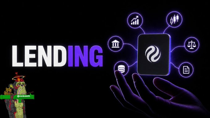 A graphic displays the word 'LENDING' in white and purple text alongside a logo featuring a stylized symbol, with a hand reaching up toward it against a black background.