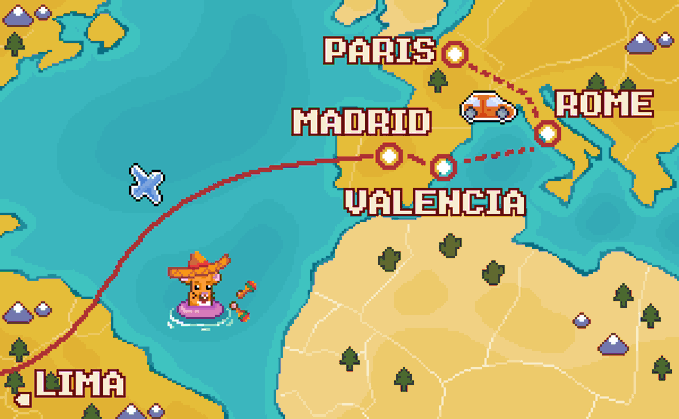 A pixel-art travel map showing a route from Lima to Paris, Madrid, Valencia, and Rome, with a small airplane and travel icons.