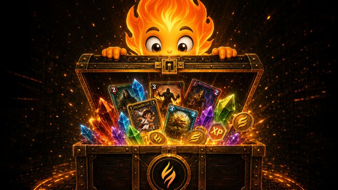 A fiery cartoon mascot peers over a treasure chest brimming with colorful crystals, gold coins marked with a flame logo, XP tokens, and fantasy game cards. The image visually represents the excitement of unlocking in-game rewards, echoing the post's rallying call for players to engage with quests and leaderboards to showcase the community's strength.
