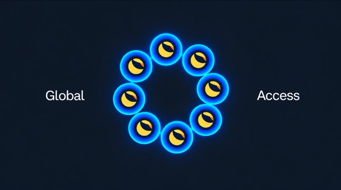 A dark blue background features a circular arrangement of glowing blue and yellow icons resembling the LBRY logo, with the words 'Global' and 'Access' flanking the ring.