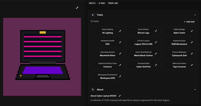 A screenshot of a digital collectible marketplace showing a pixel art laptop NFT called 'Cyber Laptop #0030' with 13 traits including 'No Lighting', 'Bitcoin Logo', and 'Matte Black Carbon'.