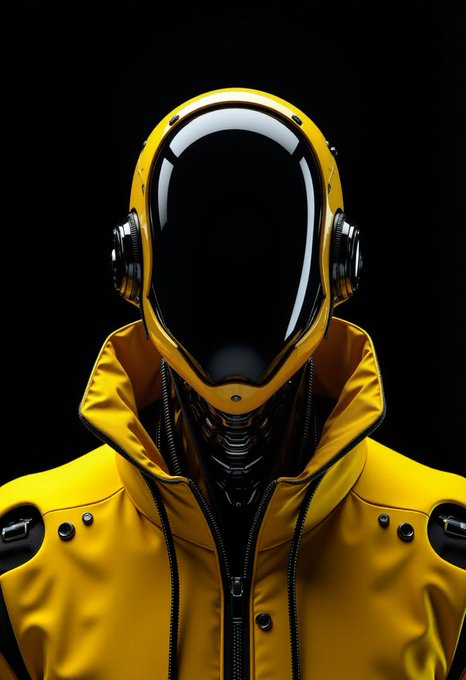 The image features a person wearing a yellow jacket with a hood, which appears to be a robot or cyborg-like figure. The individual has a black helmet that covers their face, giving them an intimidating appearance. They are standing against a black background, making them the main focus of the image.