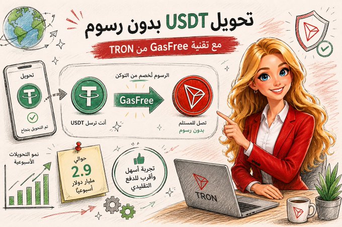 A colorful illustrated infographic featuring a blonde woman pointing at a laptop labeled "TRON," with Arabic text promoting "GasFree USDT transfers on TRON" and a sticky note displaying "$2.9 billion weekly" to visually support the post's claim about TRON's record gas-free USDT transaction volume nearing $3 billion by late June.