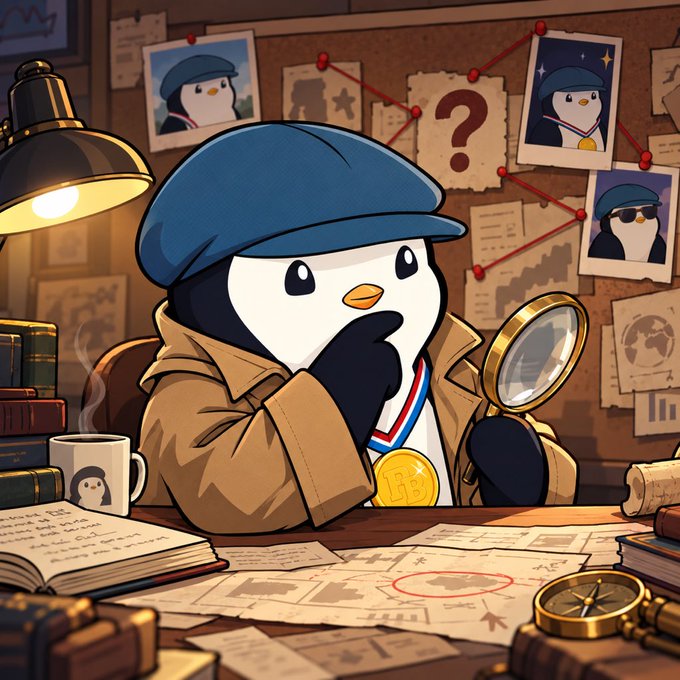 A cartoon penguin detective wearing a detective cap and trench coat examines evidence with a magnifying glass at a cluttered desk filled with clues, photos pinned to a corkboard, and documents marked with red circles.

The image ties to the post's theme of investigating the NFT market during a cooldown period—portraying a detective carefully analyzing clues to identify "solid builders" amid hype, overpriced mints, and meme-driven speculation.