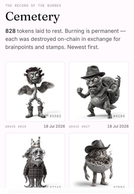 A 'Cemetery' page titled 'THE RECORD OF THE BURNED' showing 828 tokens destroyed on-chain, with grotesque character illustrations numbered #5582, #4104, #3145, and #2004.