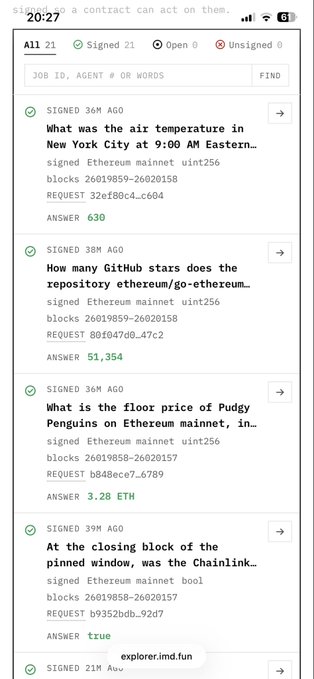 A mobile screenshot of explorer.iimd.fun showing a list of 21 signed Ethereum mainnet uint256 questions with answers, such as 'What was the air temperature in New York City at 9:00 AM Eastern...' answered with 630.