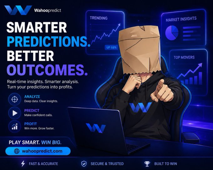 Promotional graphic for 'Wahoopredict' featuring a person with a paper bag over their head pointing at the viewer, with text 'SMARTER PREDICTIONS. BETTER OUTCOMES.' and wahoopredict.com.