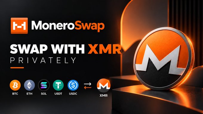 An advertisement for MoneroSwap featuring the MoneroSwap name and text 'SWAP WITH XMR PRIVATELY,' showing cryptocurrency icons for BTC, ETH, SOL, USDT, and USDC converting to XMR, alongside a large 3D Monero (XMR) coin.