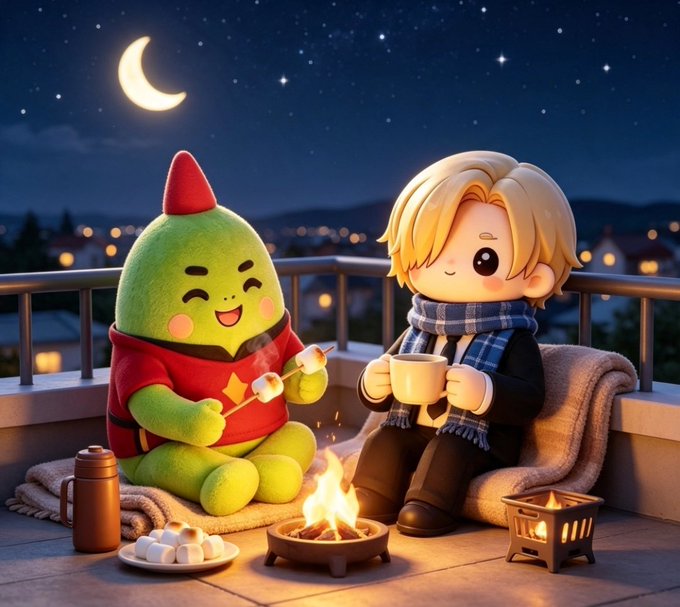 A cute 3D-style illustration of a green plush character roasting marshmallows and a blonde chibi character holding a mug, both sitting on a rooftop by a fire under a crescent moon.