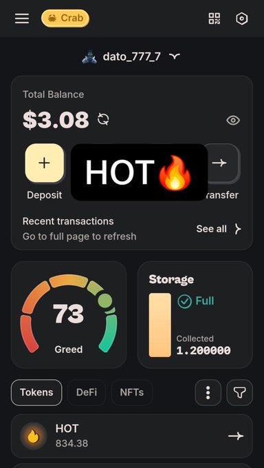 A mobile crypto wallet interface for user 'dato_777_7' showing a total balance of $3.08, a greed index of 73, and holdings of 834.38 HOT tokens, with a 'HOT' overlay added to the image.