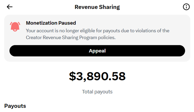 Mobile app interface showing a Revenue Sharing page with 'Monetization Paused' notification, an 'Appeal' button, and total payouts of $3,890.58.