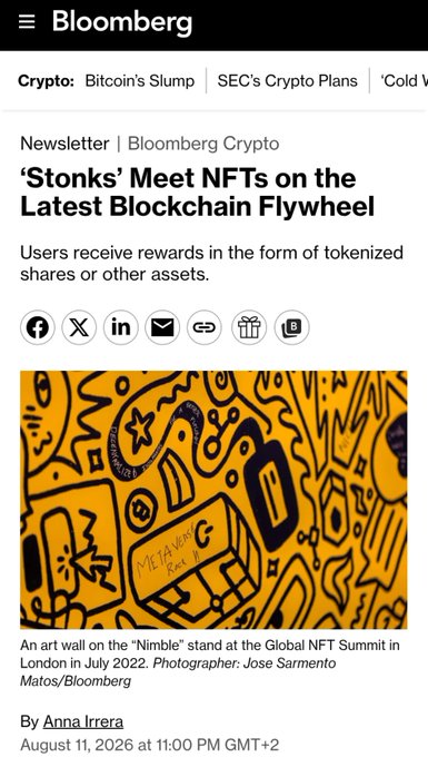 Bloomberg newsletter titled "Stonks Meet NFTs on the Latest Blockchain Flywheel" by Anna Irrera, dated August 11, 2026, featuring a colorful Keith Haring-style mural from the Global NFT Summit in London. The article appears to explore how blockchain technology is being used to reward users with tokenized shares or assets, tying into the shared post about crypto and NFT markets like ClutchMarkets.