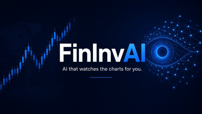 A promotional banner for "FinInvAI" with the tagline "AI that watches the charts for you," set against a background of a rising candlestick chart and a digital eye logo.
