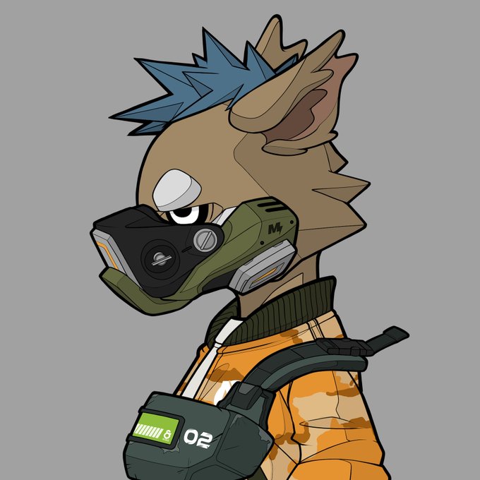 A cartoon-style illustration of a brown anthropomorphic animal character with blue hair, wearing a green tactical gas mask and an orange camouflage jacket with a device labeled '02'.