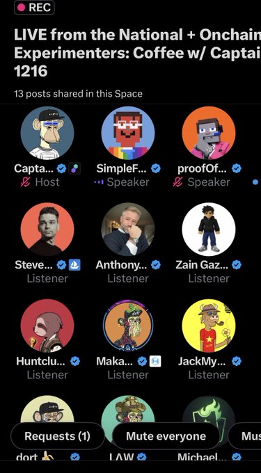 A screenshot of a live audio Space titled 'LIVE from the National + Onchain Experimenters: Coffee w/ Captain 1216' showing participants including host Captain, speakers SimpleF... and proofOf..., and various listeners with their profile pictures.