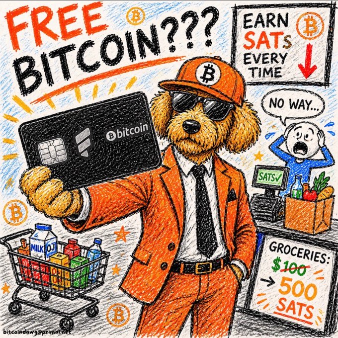 The image features a cartoon dog dressed in an orange suit standing next to a shopping cart filled with groceries. The dog appears to be holding a credit card, suggesting that he has recently used it for his purchases. The post behind him reads "Free Bitcoin? Earn sats every time! Fiat goes in Stack and Repeat". This implies that the image is related to Bitcoin or cryptocurrency, possibly promoting its use as an alternative payment method.