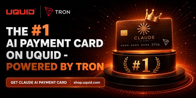 The image features a banner advertisement for Claude AI Payment Cards. The banner displays an award-winning payment card from Claude, which has been recognized as one of the fastest-growing digital products on Uquid's platform. The text on the banner highlights that this payment card is powered by Tron and can be used to access the Anthropic API. The image also includes a photo of a cake with a crown on it, symbolizing the achievement or recognition associated with Claude AI Payment Cards.