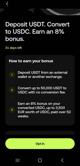 A mobile app screen promoting a crypto deposit bonus offer that reads 'Deposit USDT. Convert to USDC. Earn an 8% bonus.' with 31 days left, listing three steps to earn the bonus and a green 'Opt in' button.