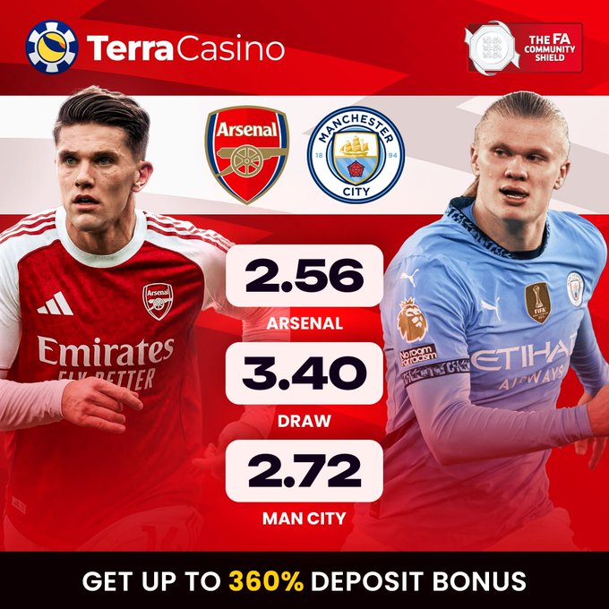 A TerraCasino sports betting advertisement for an FA Community Shield match between Arsenal and Manchester City, showing betting odds of 2.56 for Arsenal, 3.40 for a draw, and 2.72 for Manchester City, with a '360% DEPOSIT BONUS' offer.
