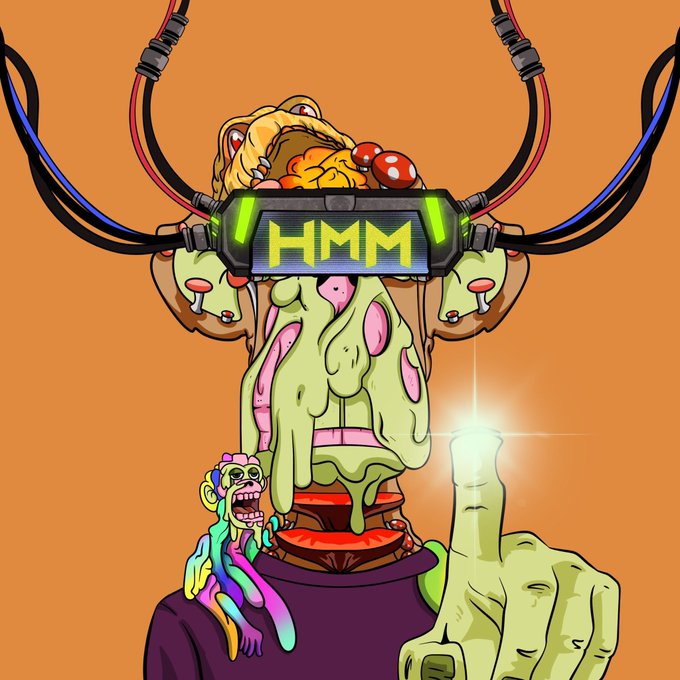 A colorful cartoon illustration of a melting, multi-eyed creature wearing a VR headset displaying the letters "HMM," with a small rainbow-colored monkey on its shoulder and a large green hand pointing upward in the foreground.
