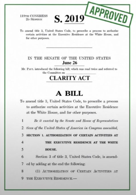 A document titled 'CLARITY ACT' (S. 2019) from the 119th Congress 2nd Session, marked with an 'APPROVED' stamp, proposing to amend title 3 of the United States Code regarding authorization of certain activities at the Executive Residence at the White House.
