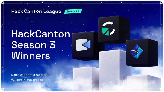 A “HackCanton League Season #3” graphic announces “HackCanton Season 3 Winners” and says “More winners & awards — full list in the thread,” alongside floating cubes bearing technology-style logos.