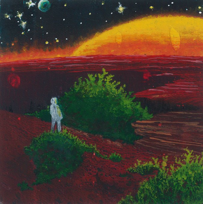 A lone figure in a white suit stands on a red landscape beside a green bush, gazing at a vibrant orange sun setting (or rising) against a starry night sky with visible planets. The painting, titled "A place where the sky is closer," evokes a dreamlike, otherworldly atmosphere that mirrors its title's suggestion of cosmic intimacy and wonder.