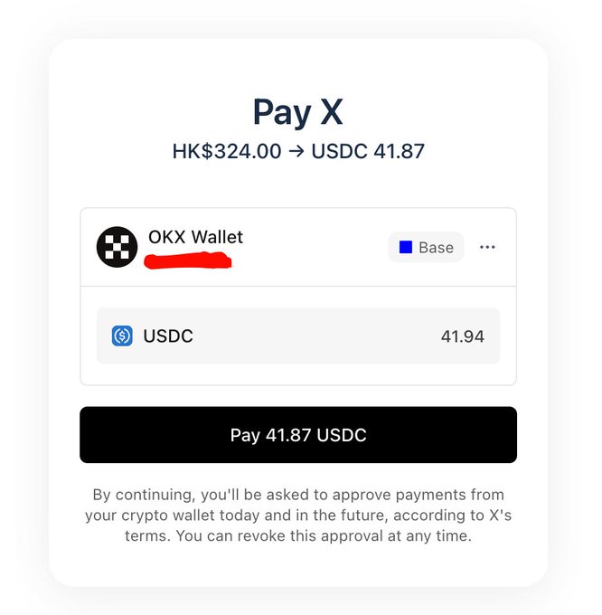 The image shows a screen with a transaction happening, where a person has made a payment using PayX. The transaction amount, $43.87 USDC, was approved for approval by the user. This message provides details about the approval process for the payment and informs that it can be used as long as the terms are followed.