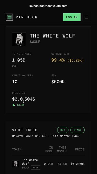 A screenshot of the Pantheon launch page showing "THE WHITE WOLF" ($WOLF) with 1.05B total staked, 99.4% current APR ($5.28K), 10 vault holders, $500K FDV, and a 24h price of $0.5046 (up 13.4%).