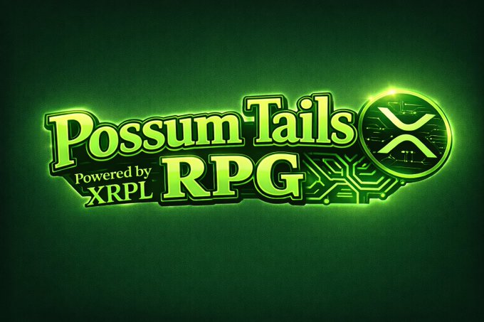A neon green logo on a dark green background reads 'Possum Tails RPG, Powered by XRPL,' featuring an X symbol inside a circuit-patterned circle on the right.