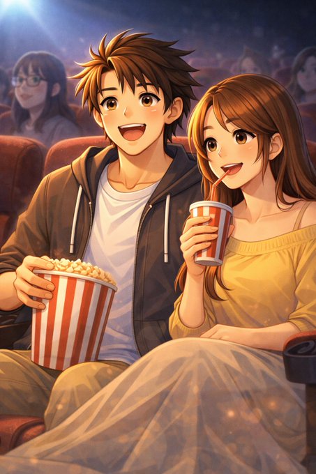 An anime-style illustration shows a smiling young couple sitting together in a movie theater, sharing popcorn and drinking a soda.