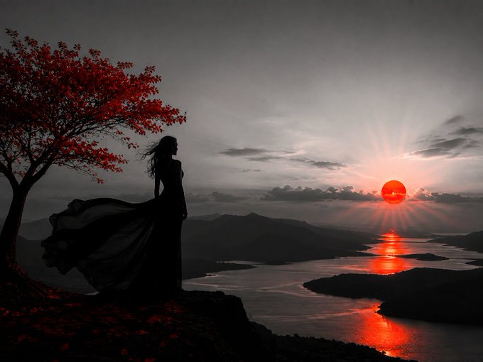 A lone woman in a flowing black dress stands beneath a red-leaved tree, overlooking a mountainous river valley as the sun sets and casts a vivid red reflection across the water. The atmospheric artwork appears to depict “What the Sunset Knew,” the listed Tezos artwork attributed to Dinç Erem Tapa.