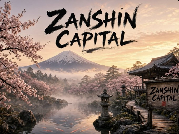 The image features a serene Japanese landscape with Mount Fuji, cherry blossoms, a traditional pagoda, and a koi pond, overlaid with the bold text "ZANSHIN CAPITAL" and a smaller "ZANSHIN CAPITAL" sign on the right. The accompanying post about web3 capital flows and an upcoming Q4 bull run aligns with the image's branding, using the tranquil, traditional backdrop to convey stability and positioning of "Zanshin Capital" as a key player poised for the next market cycle.