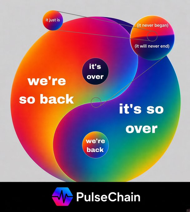 A colorful circular yin-yang style graphic for PulseChain displays the phrases "we're so back," "it's over," "it's so over," "we're back," "it just is," "(it never began)," and "(it will never end)," with the PulseChain logo at the bottom.