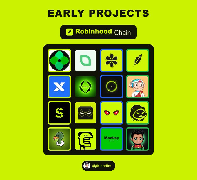 An 'EARLY PROJECTS' graphic highlights the Robinhood Chain, featuring a 4x4 grid of 16 colorful project icons on a bright green background, credited to @thienlm.