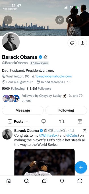 Screenshot of Barack Obama's Instagram profile (@BarackObama) showing 118.9M followers, with a recent post congratulating the White Sox and Cubs on making the playoffs.
