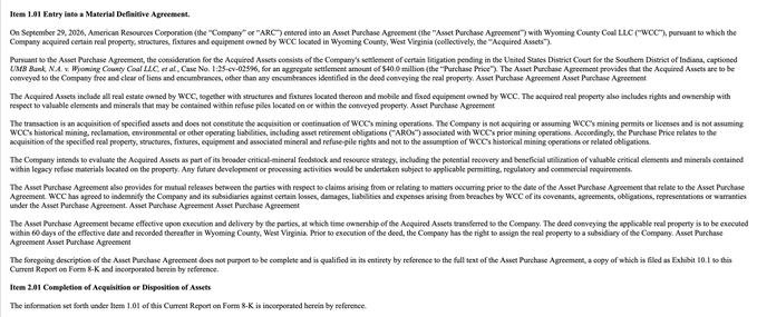 A page of legal text titled "Item 1.01 Entry into a Material Definitive Agreement" detailing an asset purchase agreement between American Resources Corporation and Wyoming County Coal LLC dated September 29, 2026.