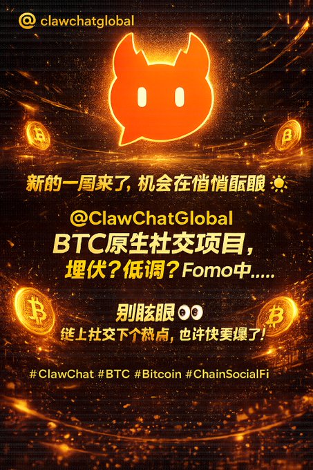 A promotional graphic for @clawchatglobal featuring an orange cat logo and Bitcoin coins, advertising a BTC native social project with Chinese text about FOMO and ChainSocialFi.