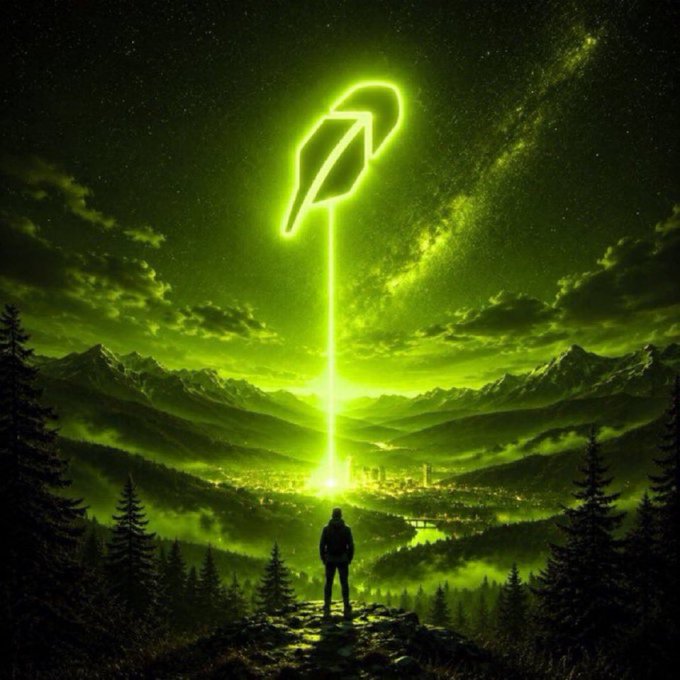 A digital artwork depicting a silhouetted figure standing on a rocky outcrop, looking toward a distant city while a glowing green neon quill pen draws a beam of light down from a starry green sky.