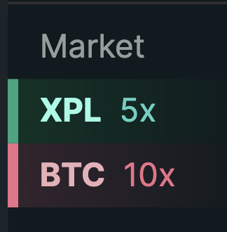 A dark market interface showing 'Market' with 'XPL 5x' and 'BTC 10x' leverage options.