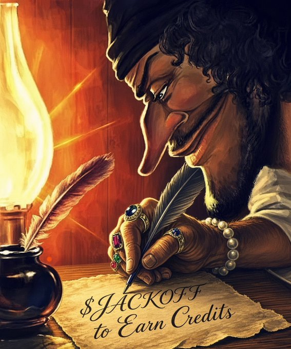 An illustrated pirate with a long nose writing on parchment with the text '$JACKOFF to Earn Credits', featuring rings, pearls, and a quill pen by candlelight.