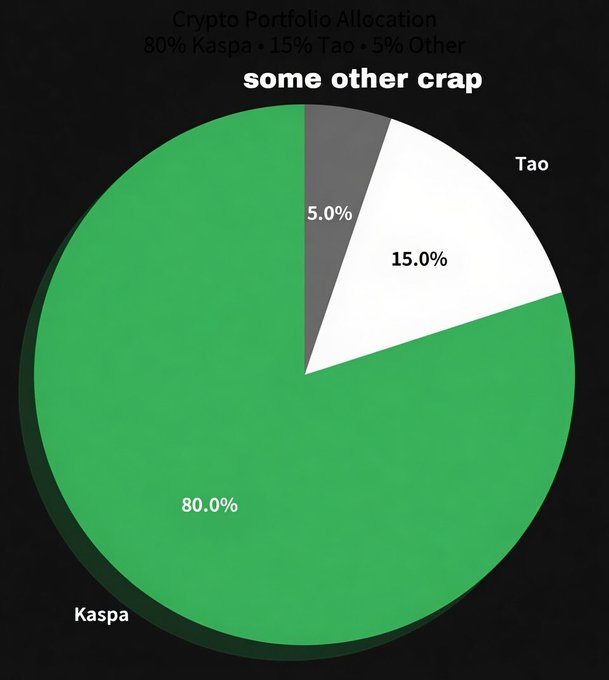 The image is a pie chart titled "Crypto Portfolio Allocation" showing the breakdown: Kaspa ($KAS) at 80% (green), Tao ($TAO) at 15% (white), and "some other crap" at 5% (gray), visually representing the portfolio update with an overwhelming majority allocated to Kaspa.